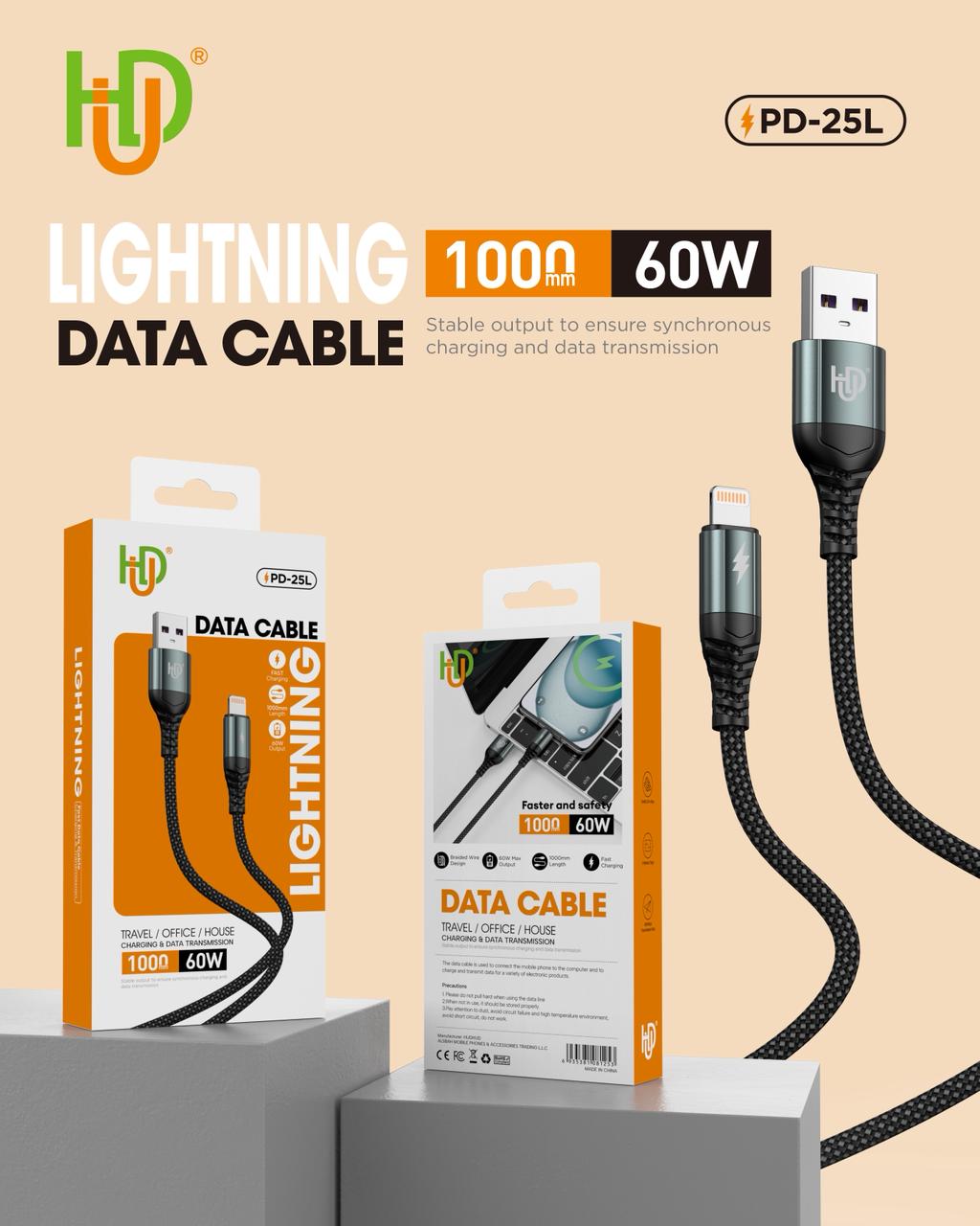 HUD PD-25L Lightning 60W Fast Charging Braided Data Cable 1M - Image 2