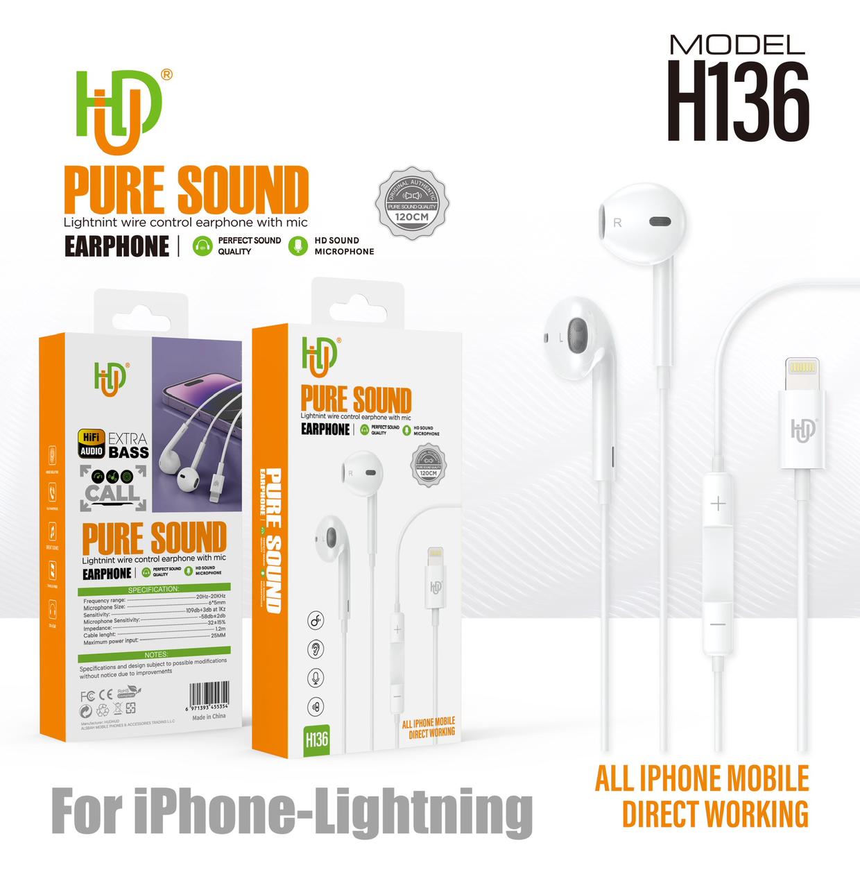 HUD H136 Lightning HiFi Bass Earphones iPhone Handsfree - Image 2
