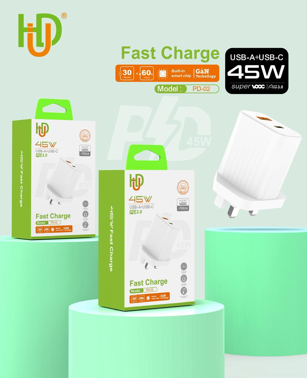 HUD PD-02 45W GaN Fast Charger USB-C USB-A PD 3.0 QC3.0 Adapter - Image 2