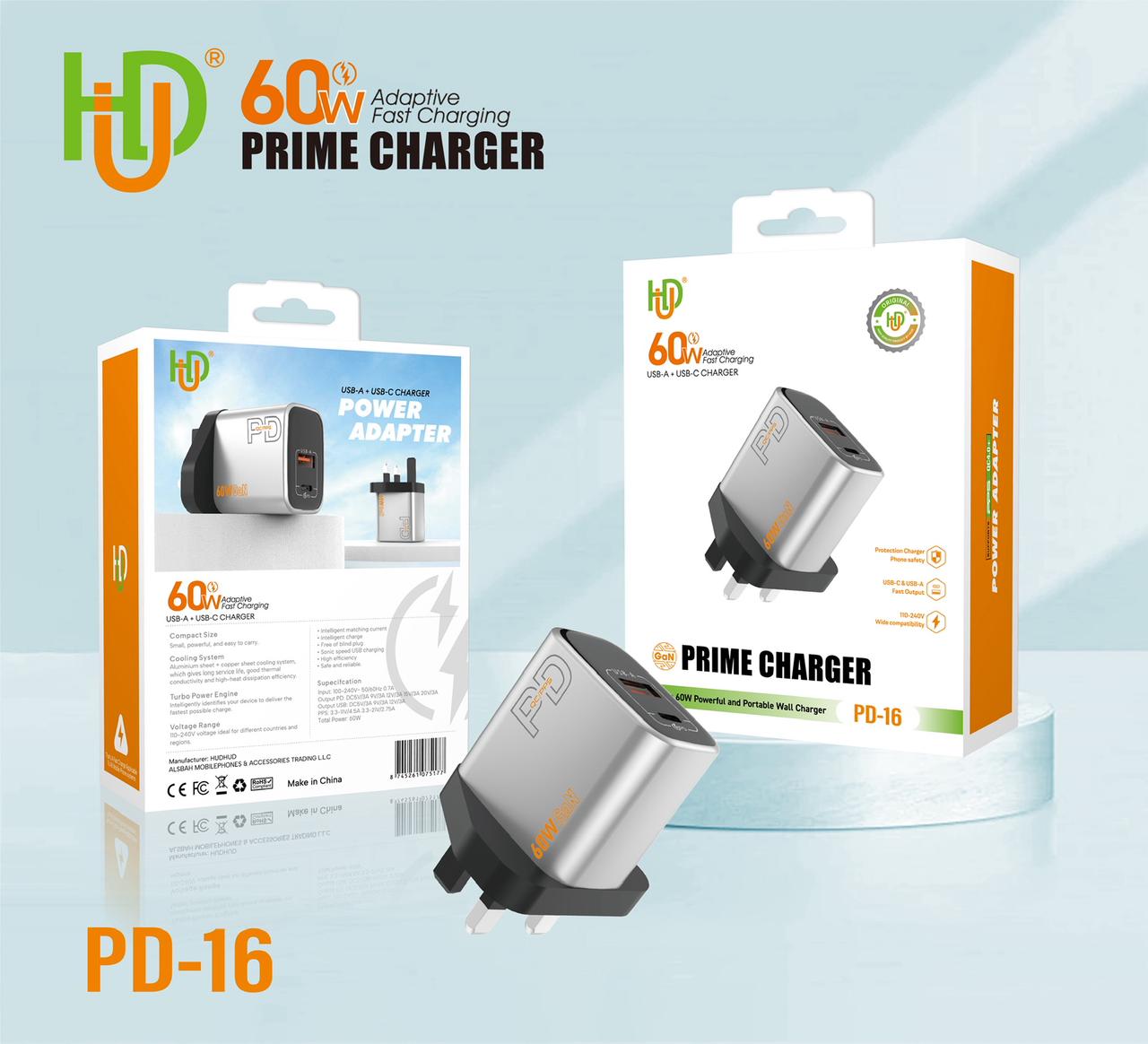 HUD PD-16 60W Prime Fast Charger USB-A USB-C Dual Port Adapter - Image 2